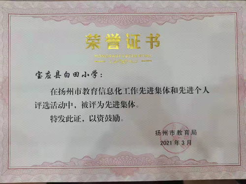 寶應(yīng)縣白田小學(xué)喜獲 揚州市教育信息化工作先進(jìn)集體 獎牌
